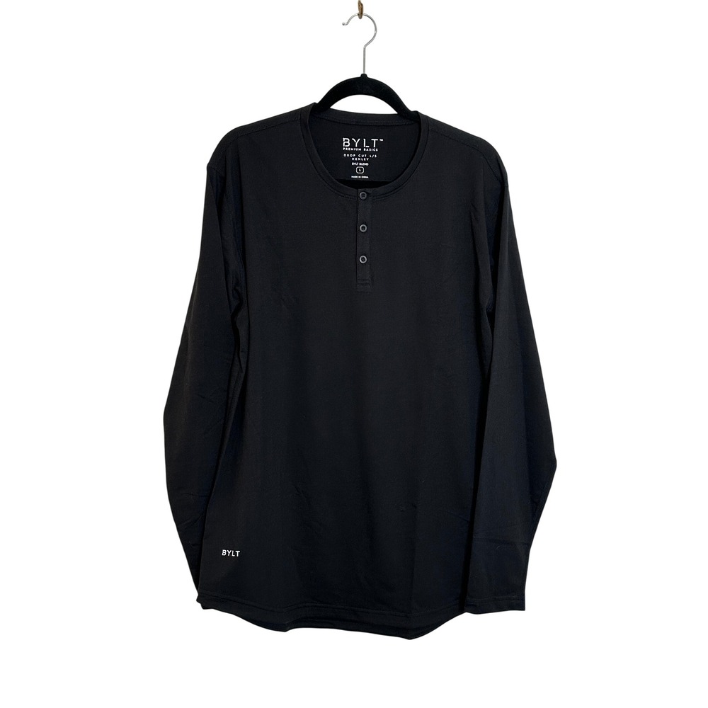 BYLT Premium Basics Long Sleeve Drop Cut Henley Size L Black Casual Travel‎